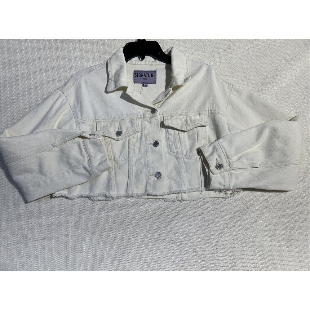 Signature Eight Ivory Color Cropped Denim Jacket Raw Hem 100% Cotton Size S